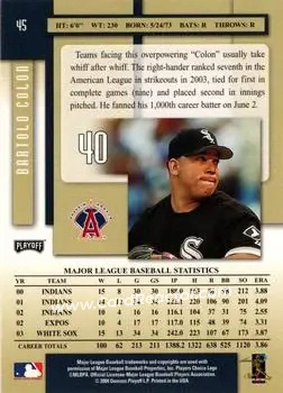 2004 Playoff Prestige #45 - Bartolo Colon - Anaheim Angels - Back