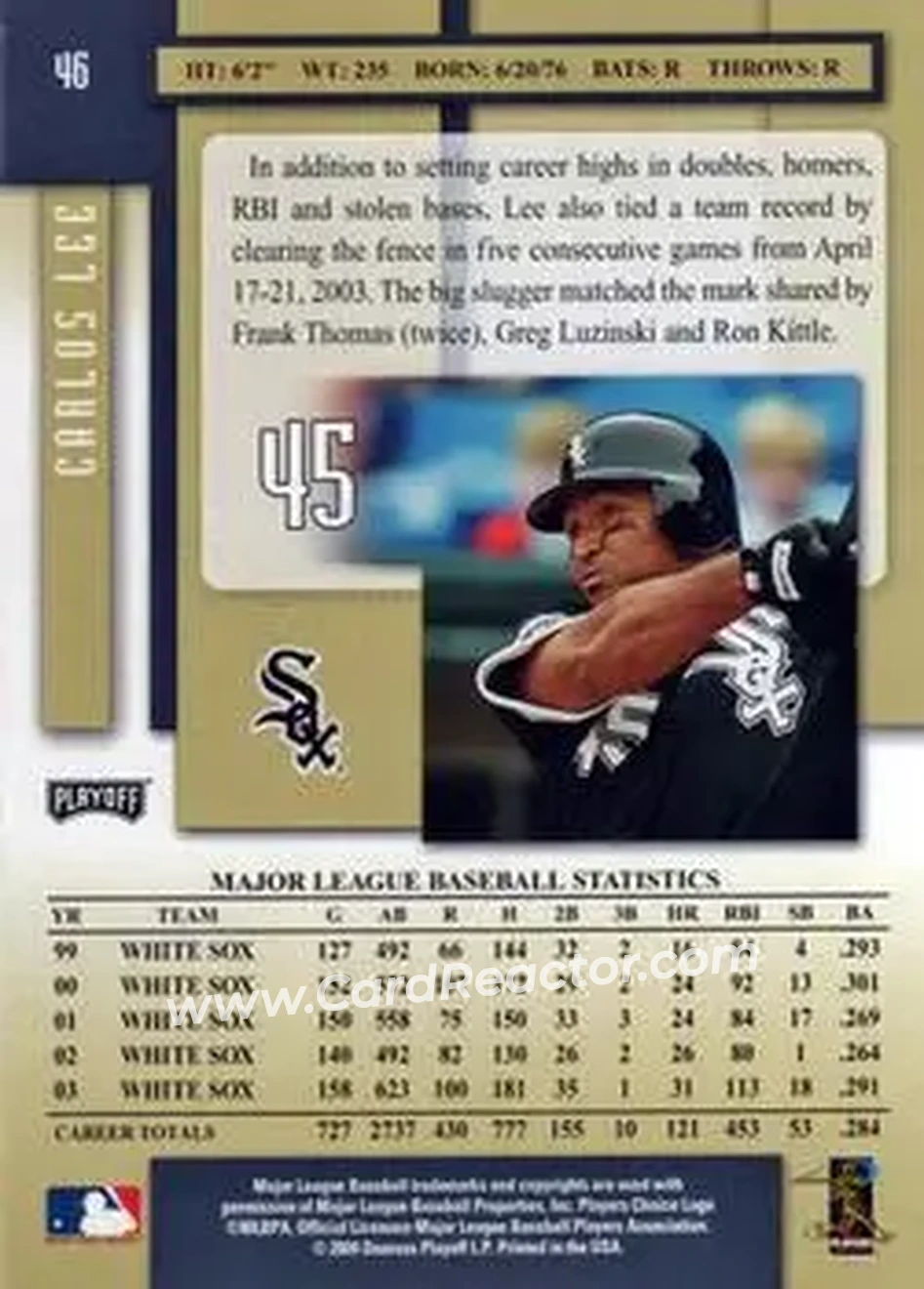 2004 Playoff Prestige #46 - Carlos Lee - Chicago White Sox - Back 2004 Playoff Prestige #46 - Carlos Lee - Chicago White Sox - Back