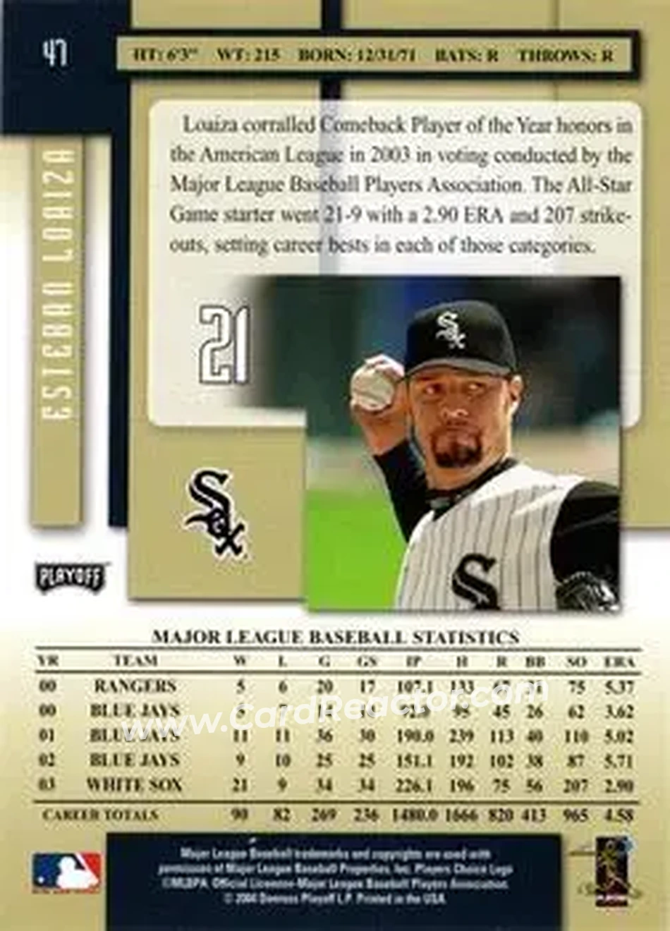 2004 Playoff Prestige #47 - Esteban Loaiza - Chicago White Sox - Back 2004 Playoff Prestige #47 - Esteban Loaiza - Chicago White Sox - Back