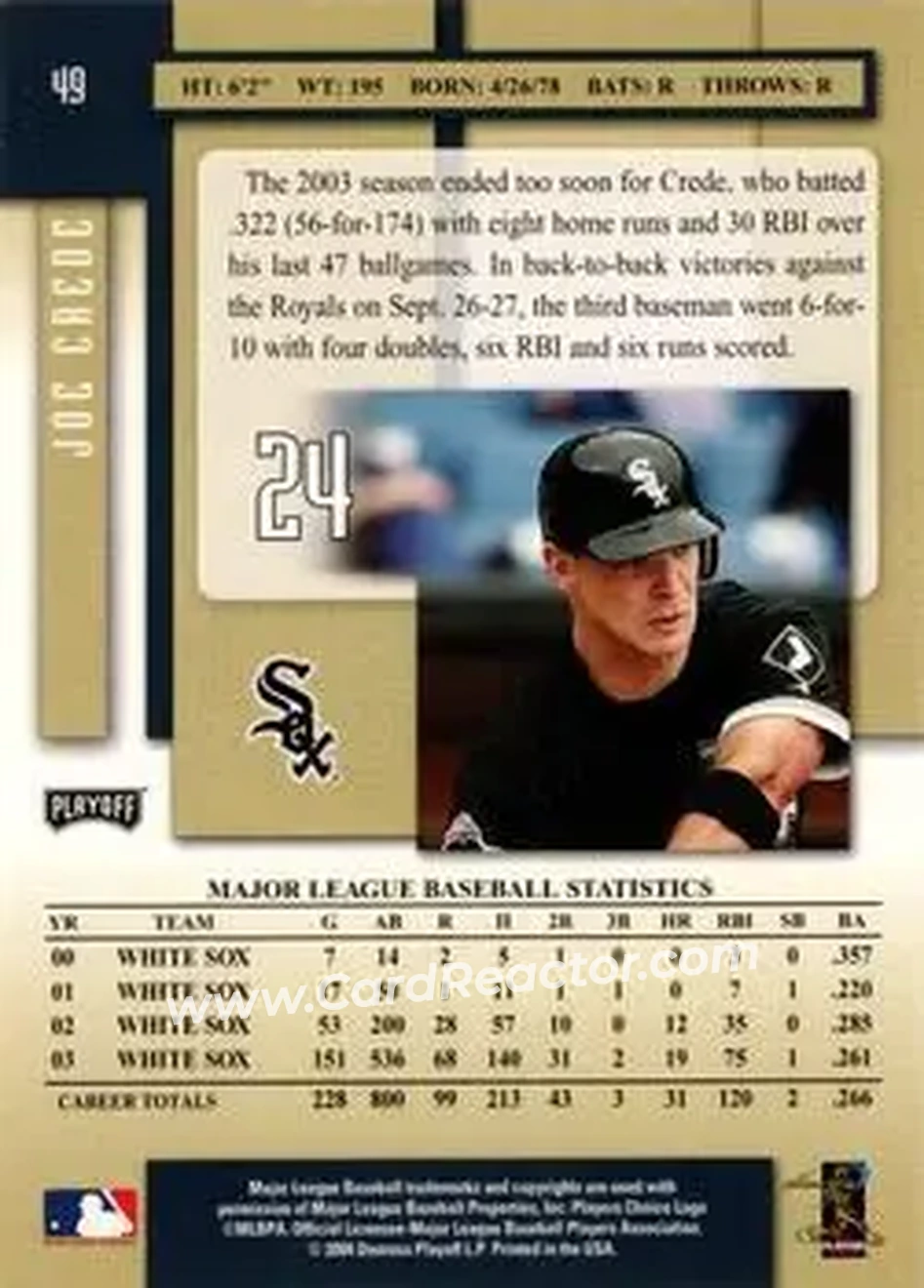 2004 Playoff Prestige #49 - Joe Crede - Chicago White Sox - Back