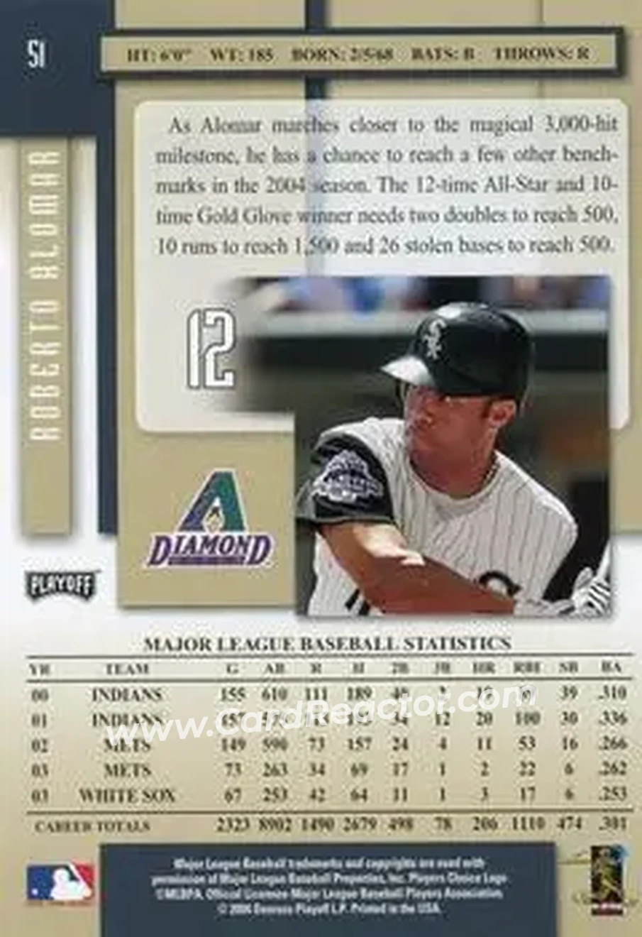 2004 Playoff Prestige #51 - Roberto Alomar - Arizona Diamondbacks - Back