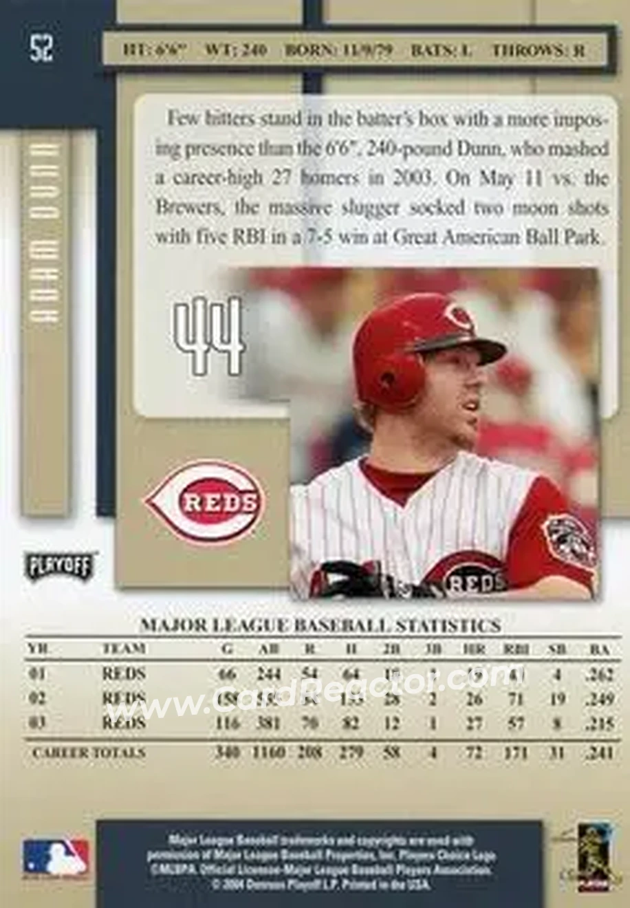 2004 Playoff Prestige #52 - Adam Dunn - Cincinnati Reds - Back 2004 Playoff Prestige #52 - Adam Dunn - Cincinnati Reds - Back