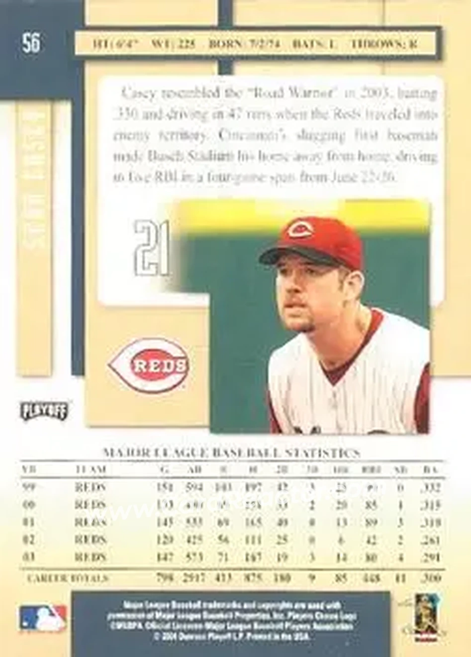 2004 Playoff Prestige #56 - Sean Casey - Cincinnati Reds - Back 2004 Playoff Prestige #56 - Sean Casey - Cincinnati Reds - Back