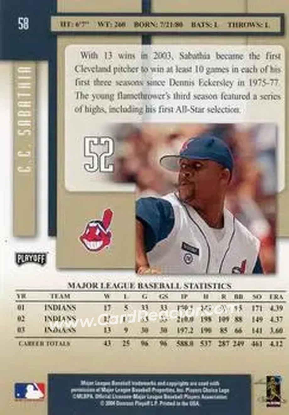 2004 Playoff Prestige #58 - CC Sabathia - Cleveland Indians - Back 2004 Playoff Prestige #58 - CC Sabathia - Cleveland Indians - Back