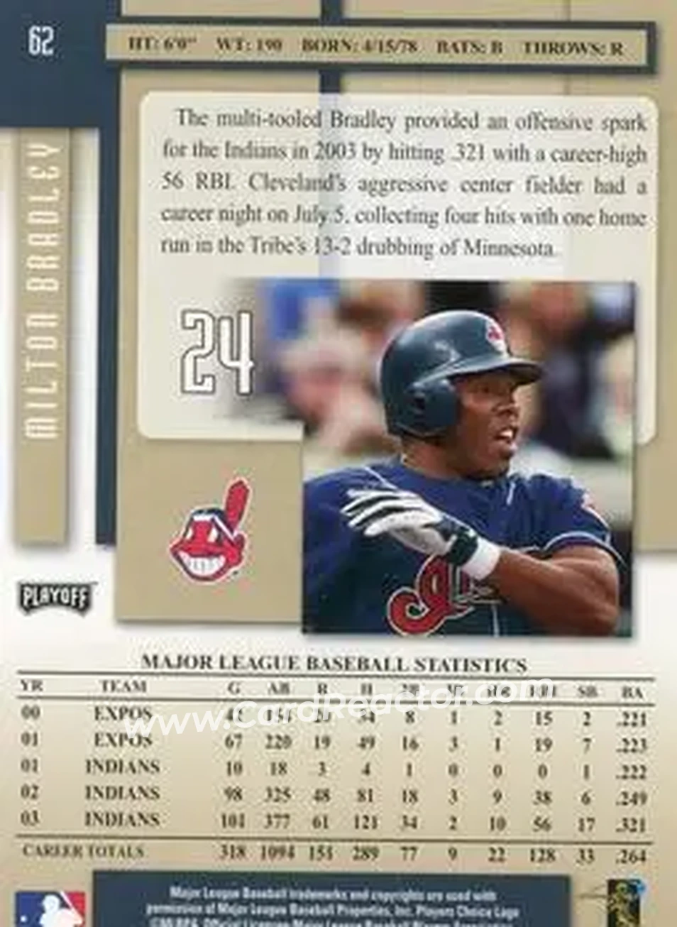 2004 Playoff Prestige #62 - Milton Bradley - Cleveland Indians - Back