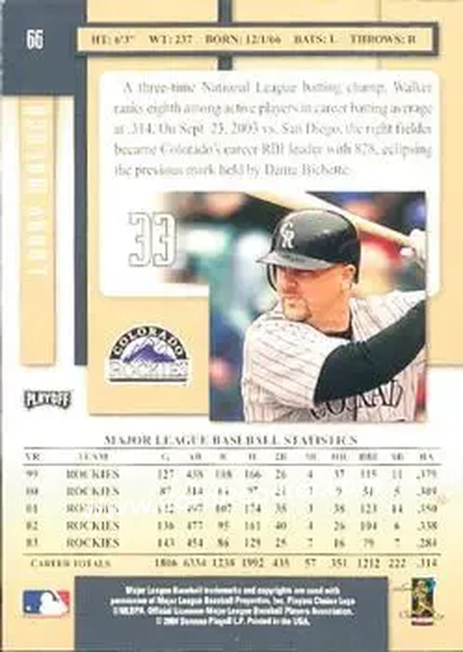 2004 Playoff Prestige #66 - Larry Walker - Colorado Rockies - Back 2004 Playoff Prestige #66 - Larry Walker - Colorado Rockies - Back