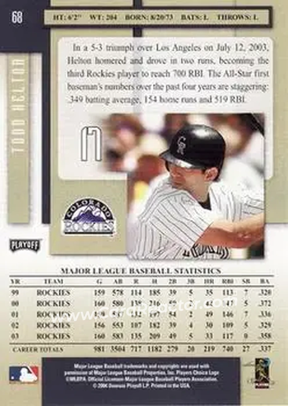 2004 Playoff Prestige #68 - Todd Helton - Colorado Rockies - Back 2004 Playoff Prestige #68 - Todd Helton - Colorado Rockies - Back