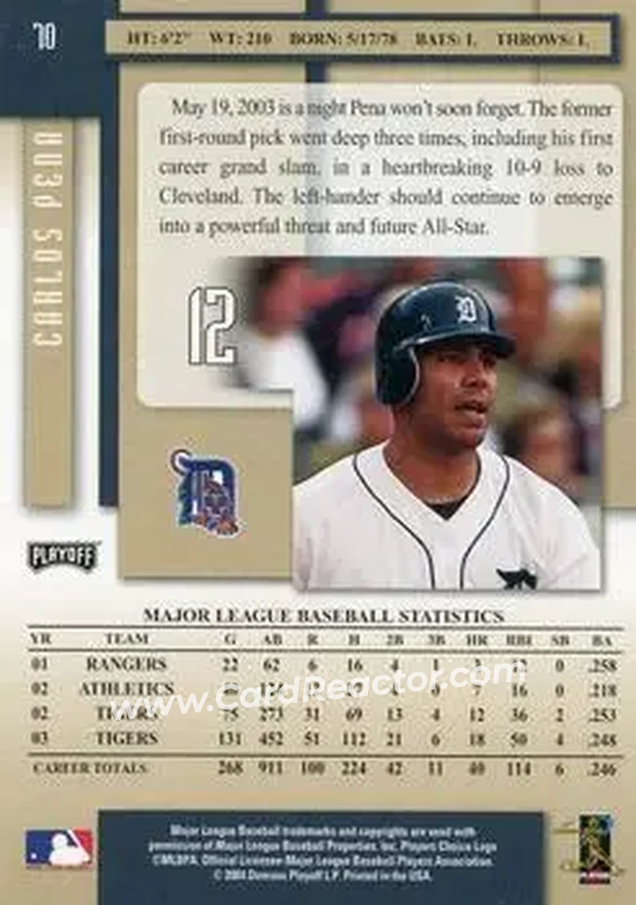 2004 Playoff Prestige #70 - Carlos Peña - Detroit Tigers - Back
