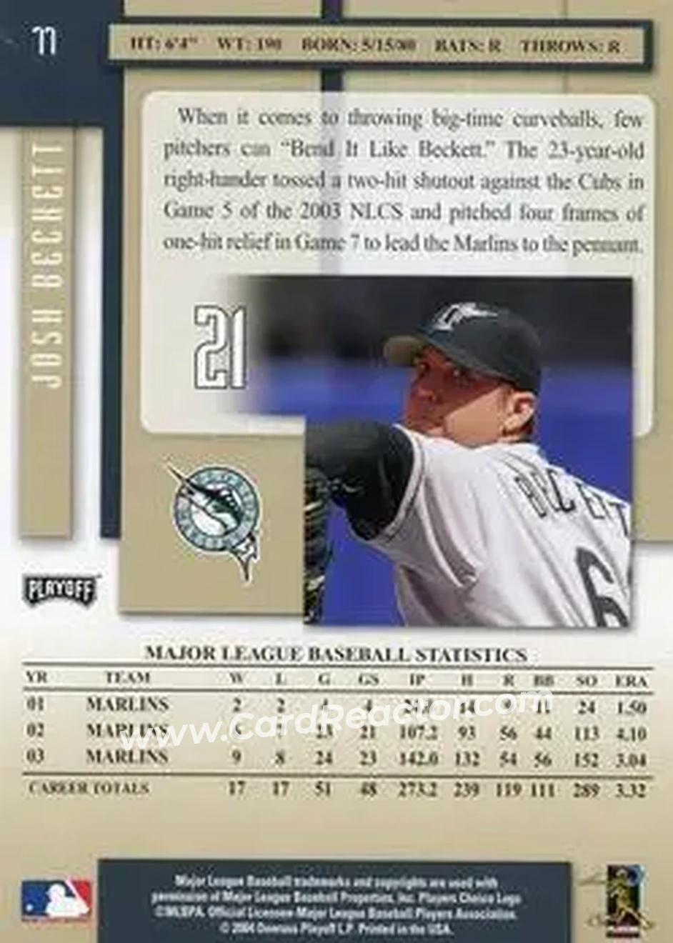 2004 Playoff Prestige #77 - Josh Beckett - Florida Marlins - Back
