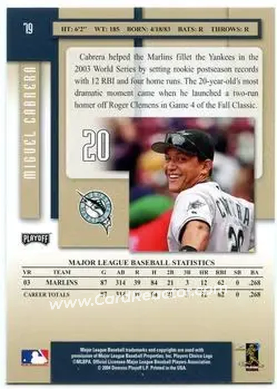 2004 Playoff Prestige #79 - Miguel Cabrera - Florida Marlins - Back
