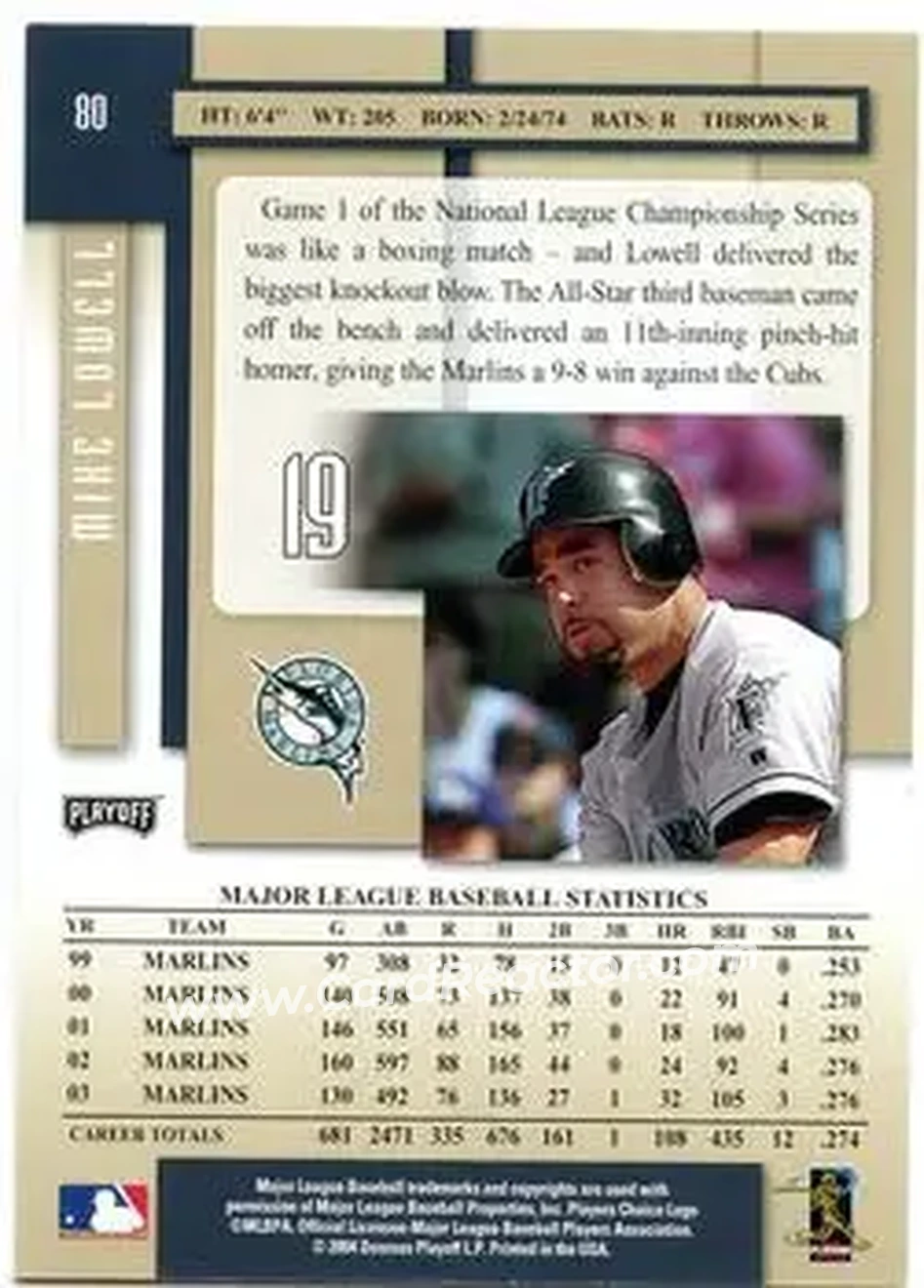 2004 Playoff Prestige #80 - Mike Lowell - Florida Marlins - Back 2004 Playoff Prestige #80 - Mike Lowell - Florida Marlins - Back