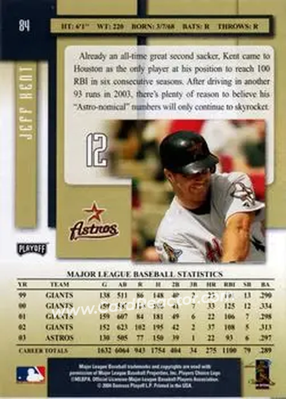 2004 Playoff Prestige #84 - Jeff Kent - Houston Astros - Back