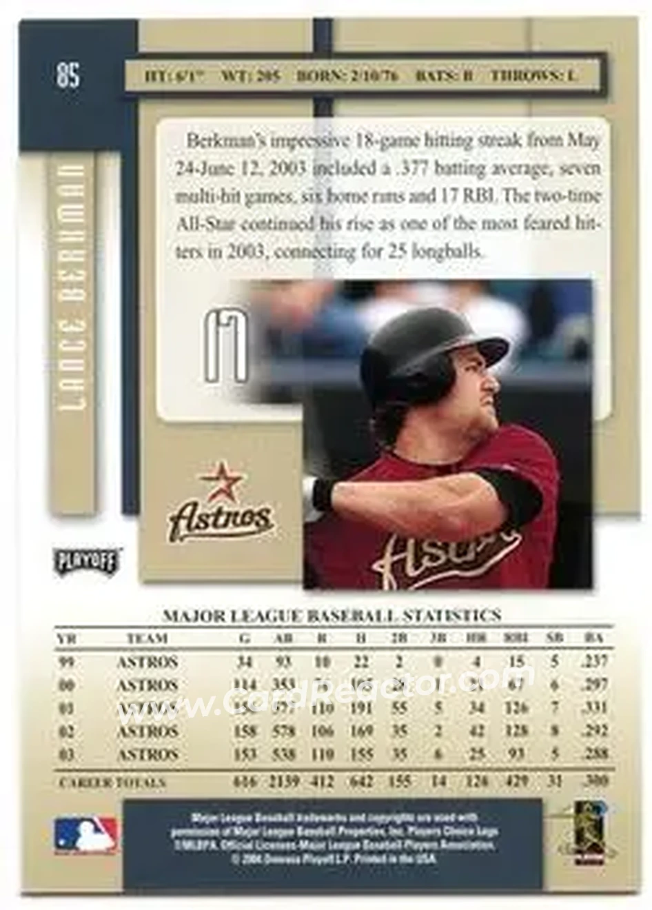 2004 Playoff Prestige #85 - Lance Berkman - Houston Astros - Back