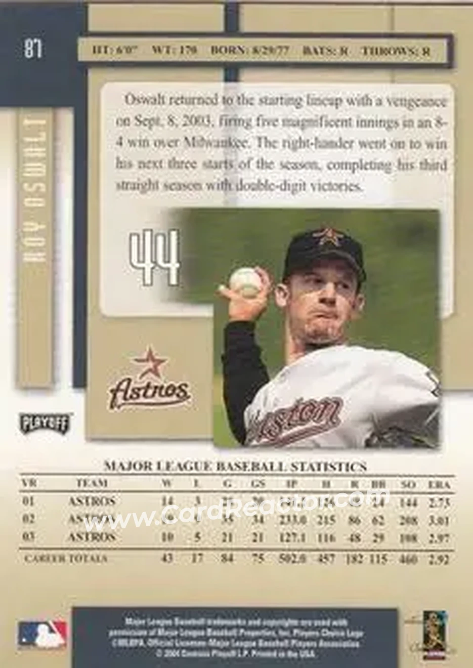 2004 Playoff Prestige #87 - Roy Oswalt - Houston Astros - Back 2004 Playoff Prestige #87 - Roy Oswalt - Houston Astros - Back