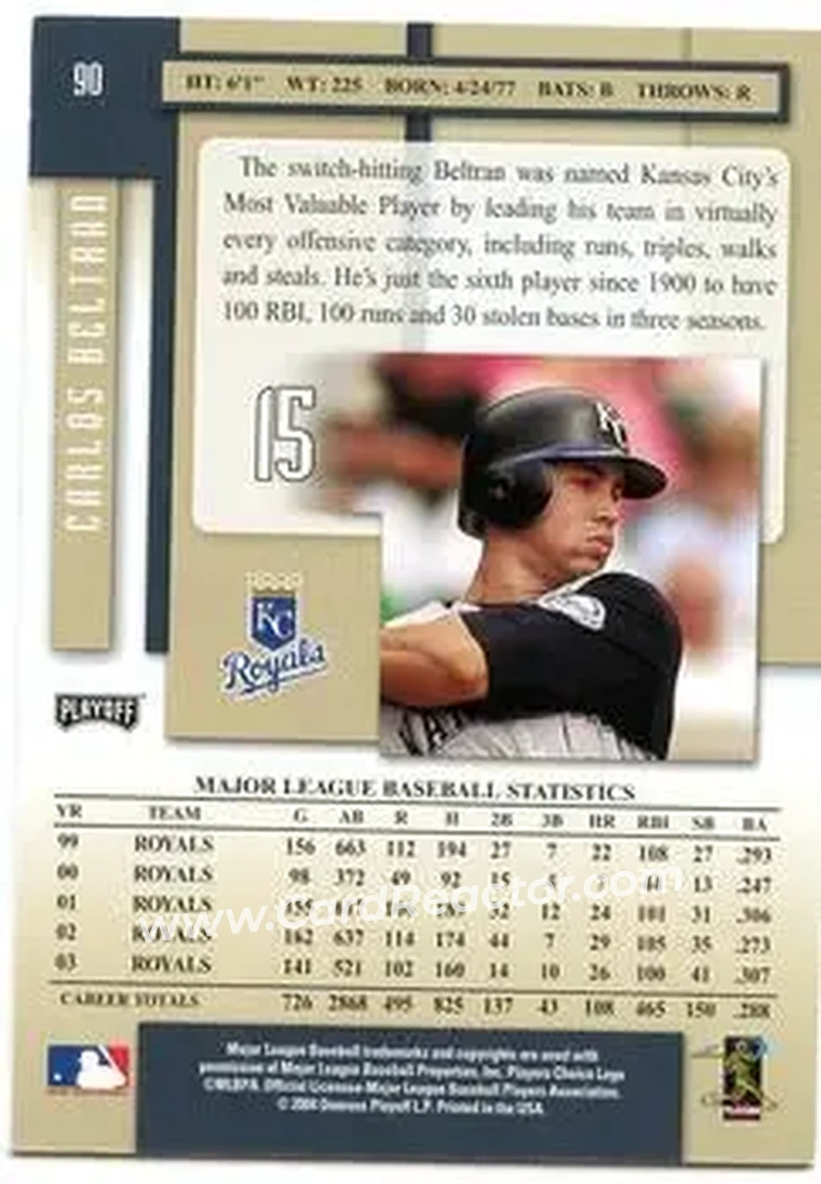 2004 Playoff Prestige #90 - Carlos Beltran - Kansas City Royals - Back