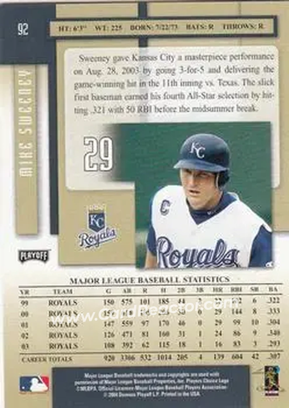 2004 Playoff Prestige #92 - Mike Sweeney - Kansas City Royals - Back 2004 Playoff Prestige #92 - Mike Sweeney - Kansas City Royals - Back
