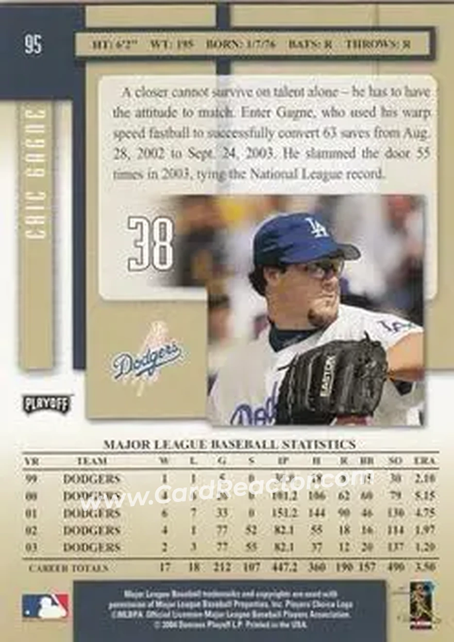 2004 Playoff Prestige #95 - Eric Gagne - Los Angeles Dodgers - Back 2004 Playoff Prestige #95 - Eric Gagne - Los Angeles Dodgers - Back