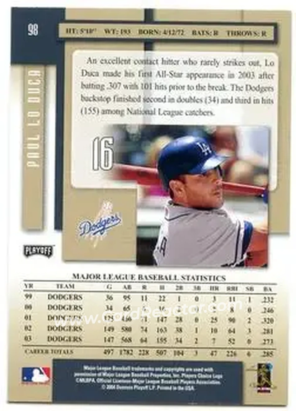 2004 Playoff Prestige #98 - Paul Lo Duca - Los Angeles Dodgers - Back 2004 Playoff Prestige #98 - Paul Lo Duca - Los Angeles Dodgers - Back