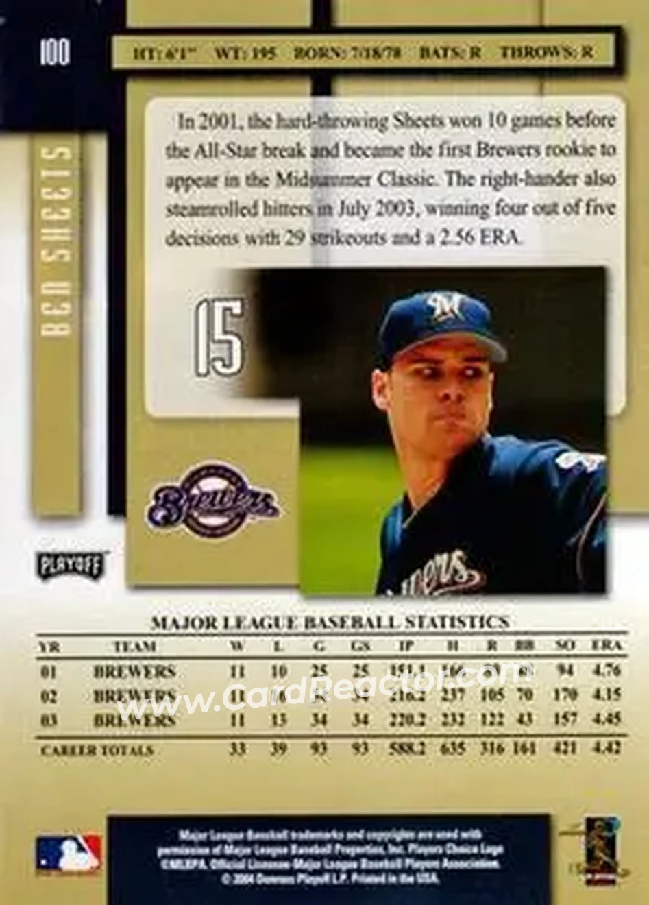 2004 Playoff Prestige #100 - Ben Sheets - Milwaukee Brewers - Back