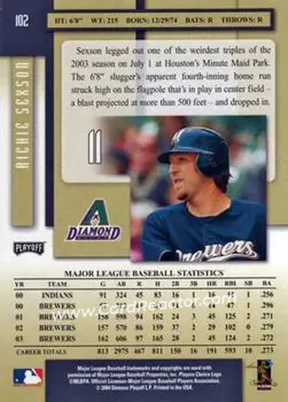 2004 Playoff Prestige #102 - Richie Sexson - Milwaukee Brewers - Back
