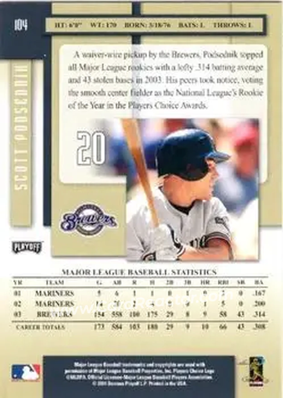 2004 Playoff Prestige #104 - Scott Podsednik - Milwaukee Brewers - Back 2004 Playoff Prestige #104 - Scott Podsednik - Milwaukee Brewers - Back