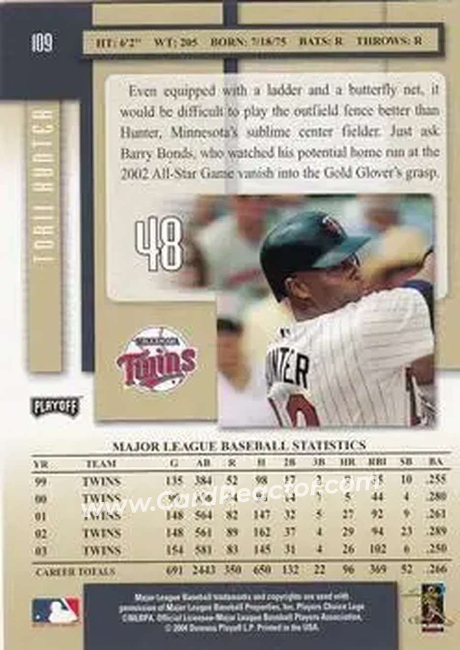 2004 Playoff Prestige #109 - Torii Hunter - Minnesota Twins - Back
