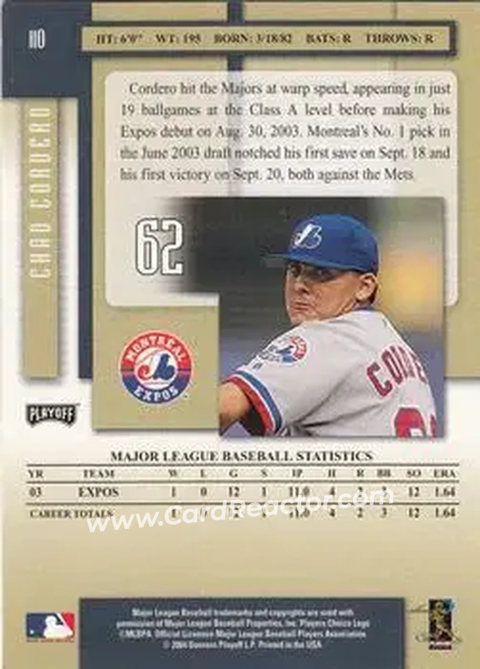 2004 Playoff Prestige #110 - Chad Cordero - Montreal Expos - Back