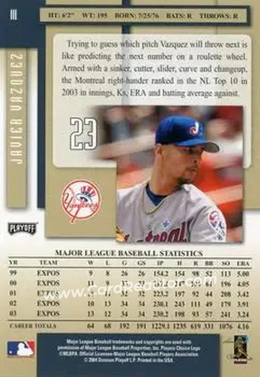 2004 Playoff Prestige #111 - Javier Vazquez - New York Yankees - Back