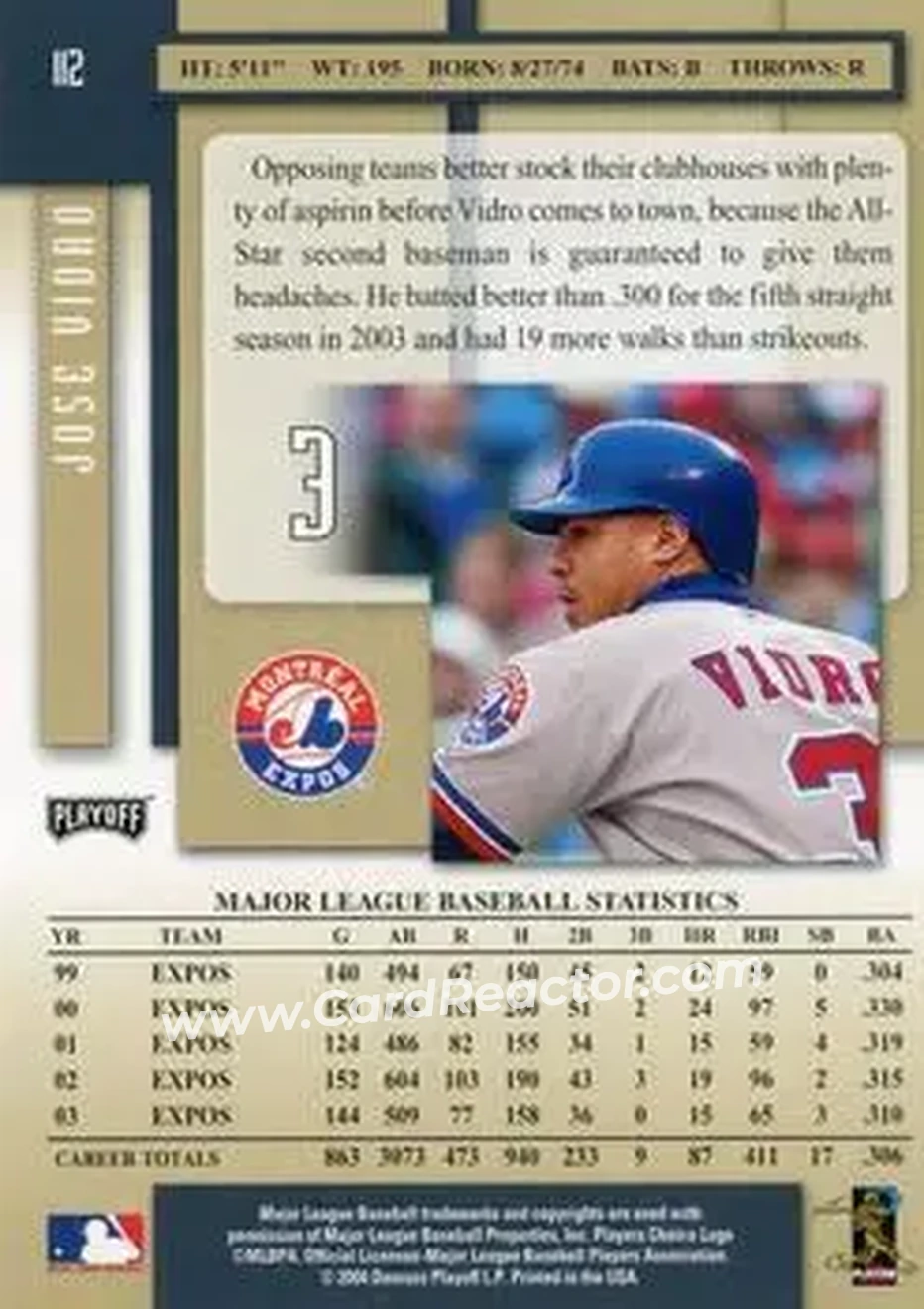 2004 Playoff Prestige #112 - Jose Vidro - Montreal Expos - Back