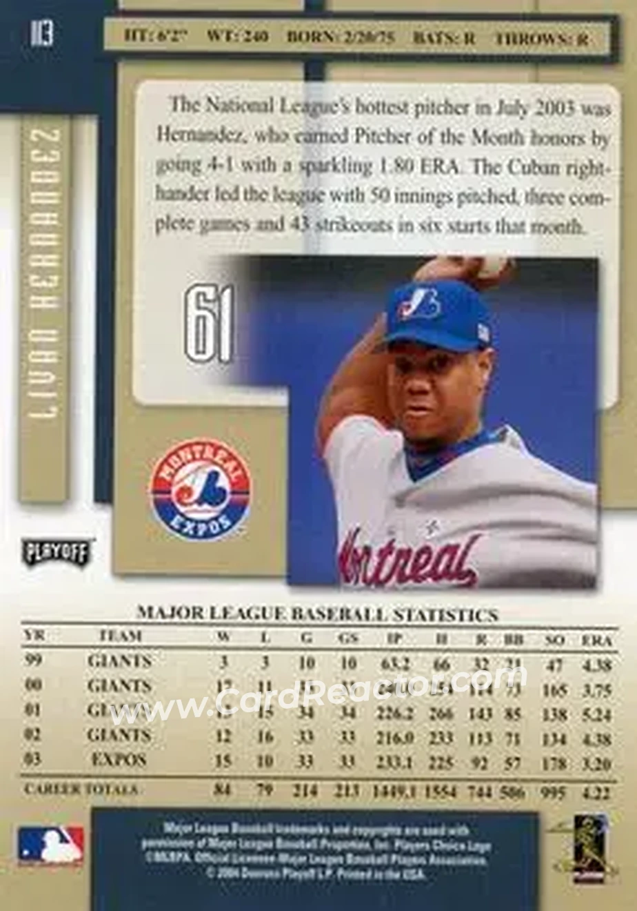 2004 Playoff Prestige #113 - Livan Hernandez - Montreal Expos - Back