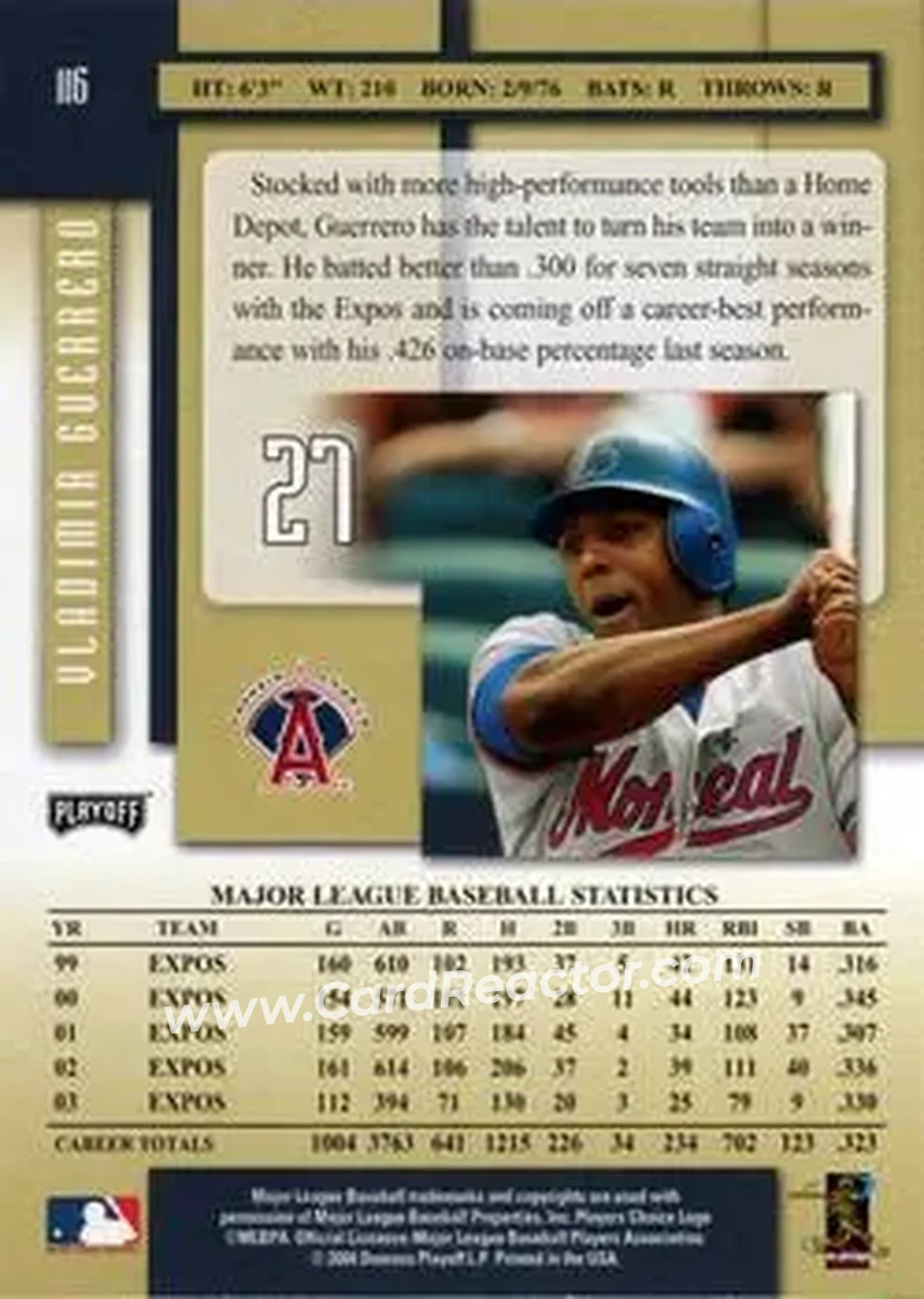 2004 Playoff Prestige #116 - Vladimir Guerrero - Anaheim Angels - Back 2004 Playoff Prestige #116 - Vladimir Guerrero - Anaheim Angels - Back
