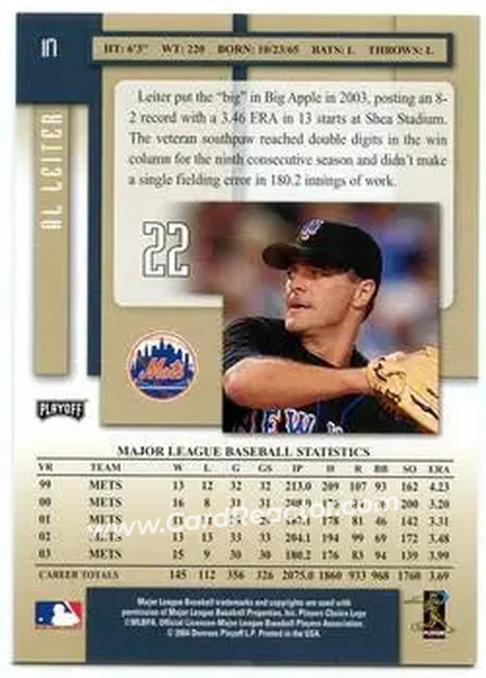 2004 Playoff Prestige #117 - Al Leiter - New York Mets - Back