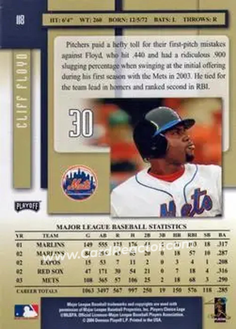 2004 Playoff Prestige #118 - Cliff Floyd - New York Mets - Back