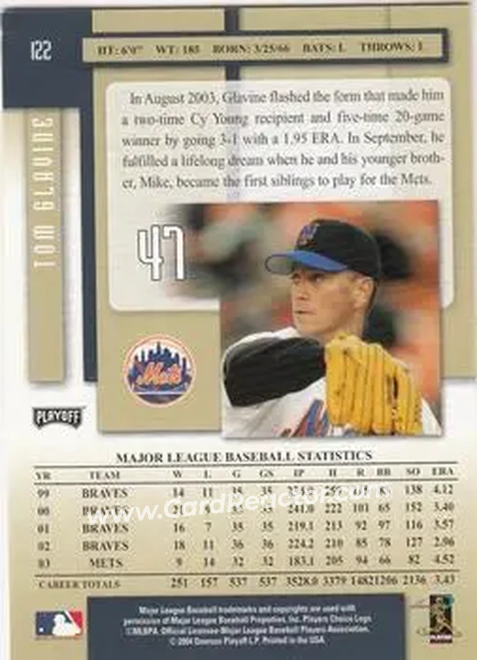2004 Playoff Prestige #122 - Tom Glavine - New York Mets - Back 2004 Playoff Prestige #122 - Tom Glavine - New York Mets - Back