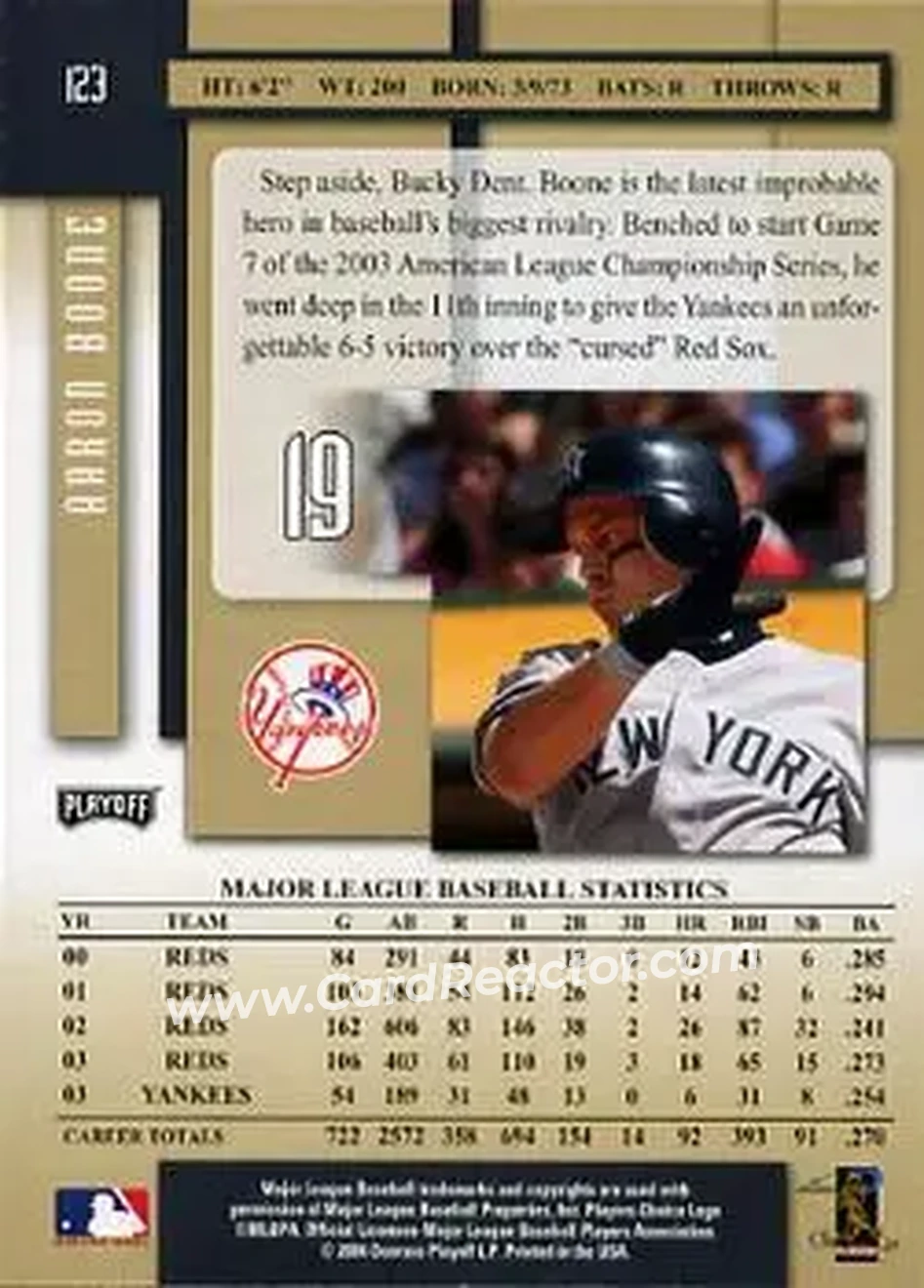 2004 Playoff Prestige #123 - Aaron Boone - New York Yankees - Back