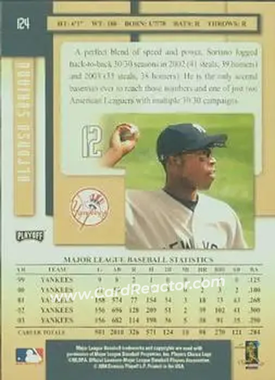 2004 Playoff Prestige #124 - Alfonso Soriano - New York Yankees - Back