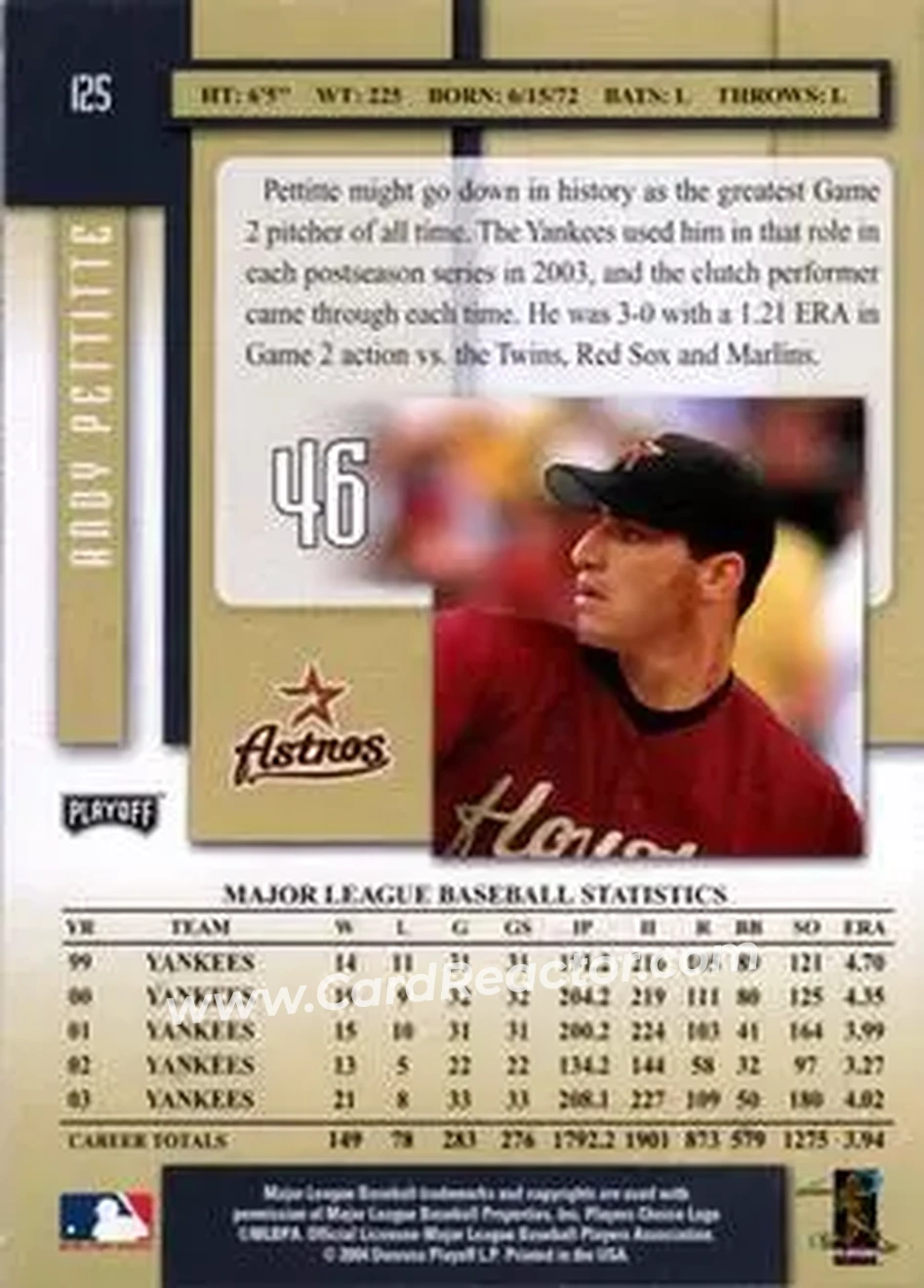 2004 Playoff Prestige #125 - Andy Pettitte - Houston Astros - Back 2004 Playoff Prestige #125 - Andy Pettitte - Houston Astros - Back