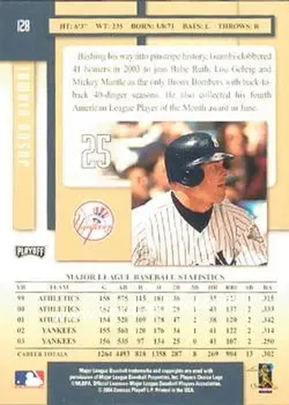 2004 Playoff Prestige #128 - Jason Giambi - New York Yankees - Back