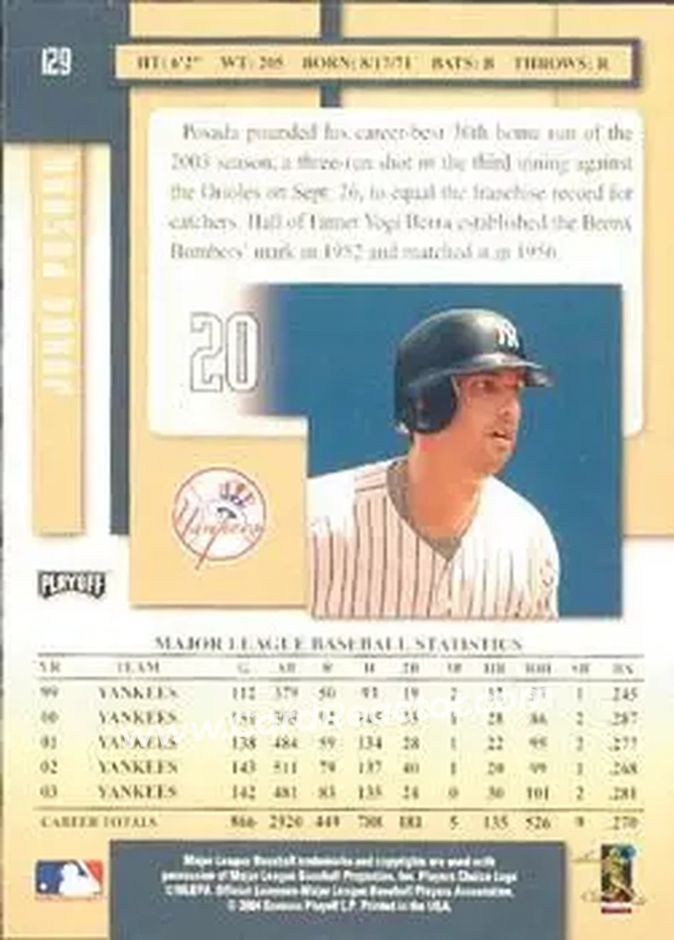 2004 Playoff Prestige #129 - Jorge Posada - New York Yankees - Back 2004 Playoff Prestige #129 - Jorge Posada - New York Yankees - Back