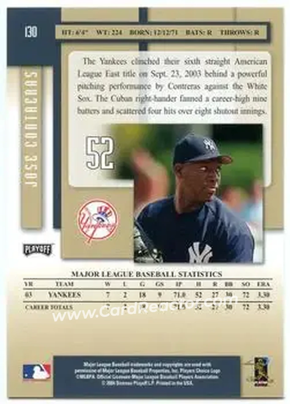 2004 Playoff Prestige #130 - Jose Contreras - New York Yankees - Back