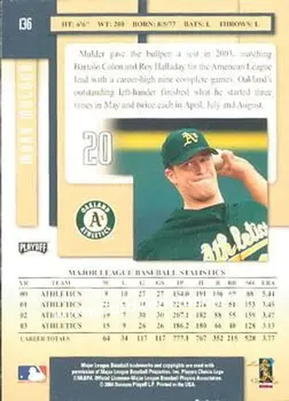 2004 Playoff Prestige #136 - Mark Mulder - Oakland Athletics - Back 2004 Playoff Prestige #136 - Mark Mulder - Oakland Athletics - Back
