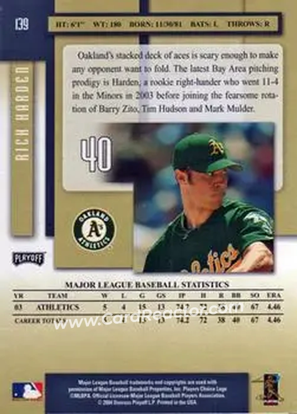2004 Playoff Prestige #140 - Tim Hudson - Oakland Athletics - Back