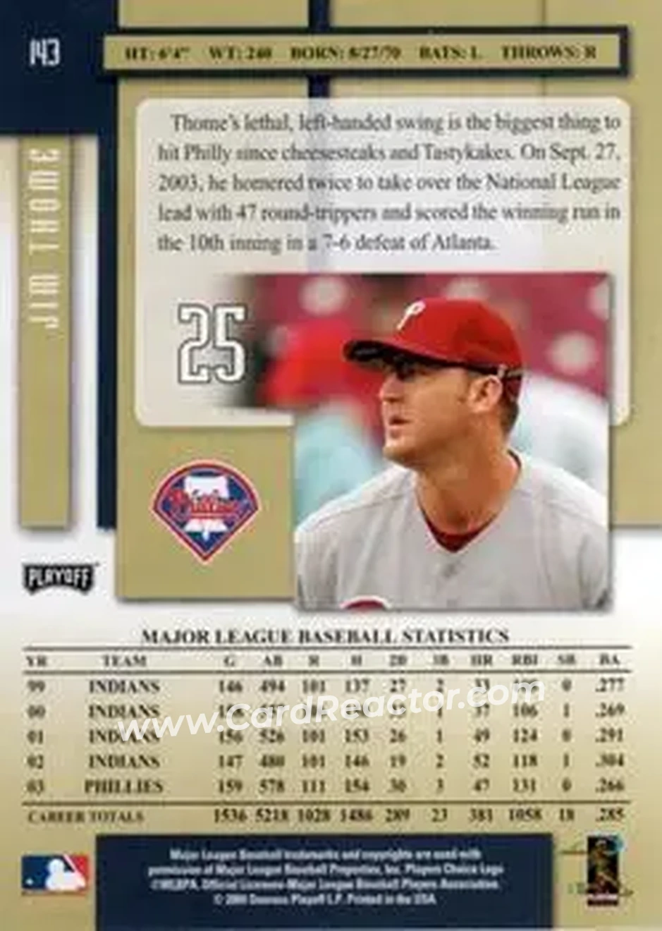 2004 Playoff Prestige #143 - Jim Thome - Philadelphia Phillies - Back