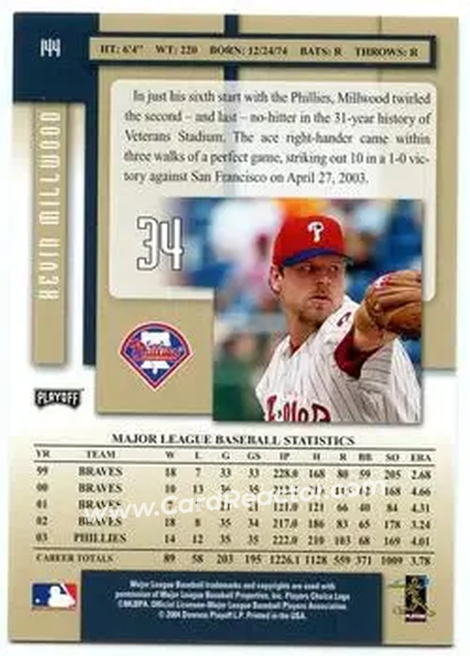 2004 Playoff Prestige #144 - Kevin Millwood - Philadelphia Phillies - Back