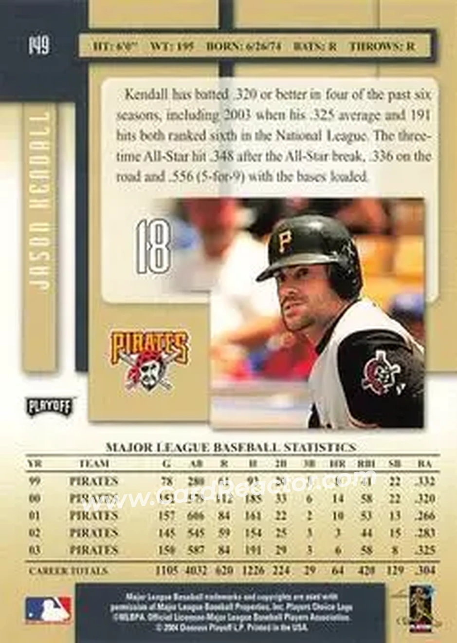 2004 Playoff Prestige #149 - Jason Kendall - Pittsburgh Pirates - Back