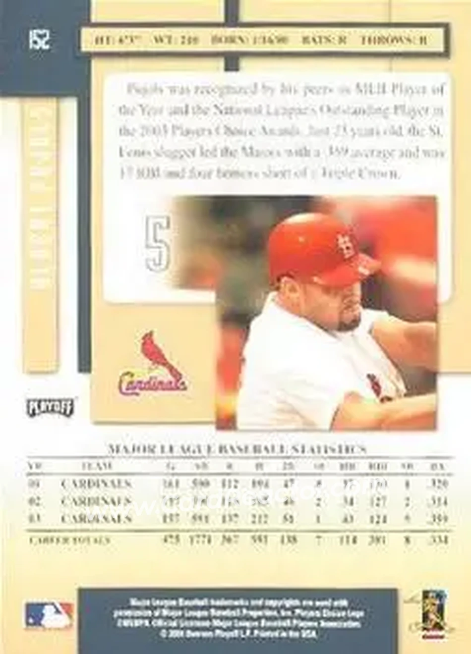 2004 Playoff Prestige #152 - Albert Pujols - St. Louis Cardinals - Back 2004 Playoff Prestige #152 - Albert Pujols - St. Louis Cardinals - Back