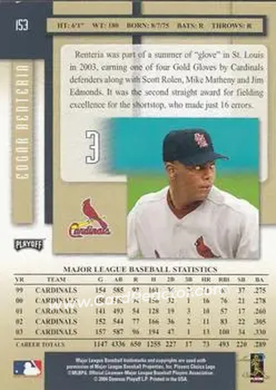 2004 Playoff Prestige #153 - Edgar Renteria - St. Louis Cardinals - Back
