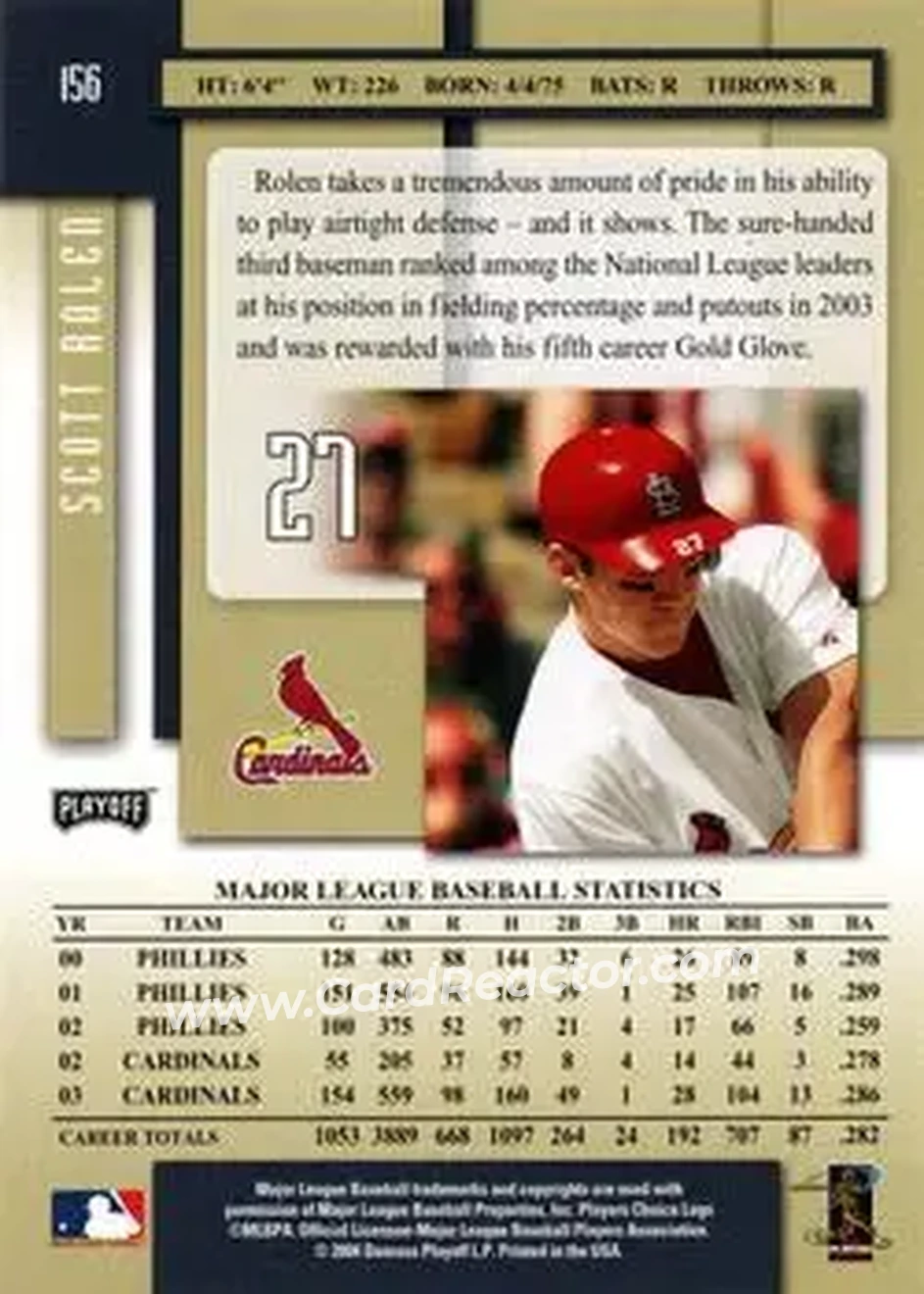 2004 Playoff Prestige #156 - Scott Rolen - St. Louis Cardinals - Back