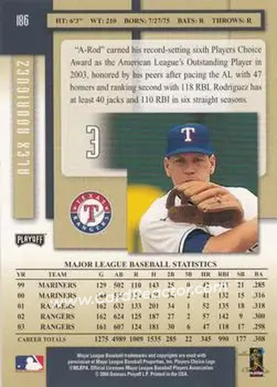 2004 Playoff Prestige #186 - Alex Rodriguez - Texas Rangers - Back 2004 Playoff Prestige #186 - Alex Rodriguez - Texas Rangers - Back