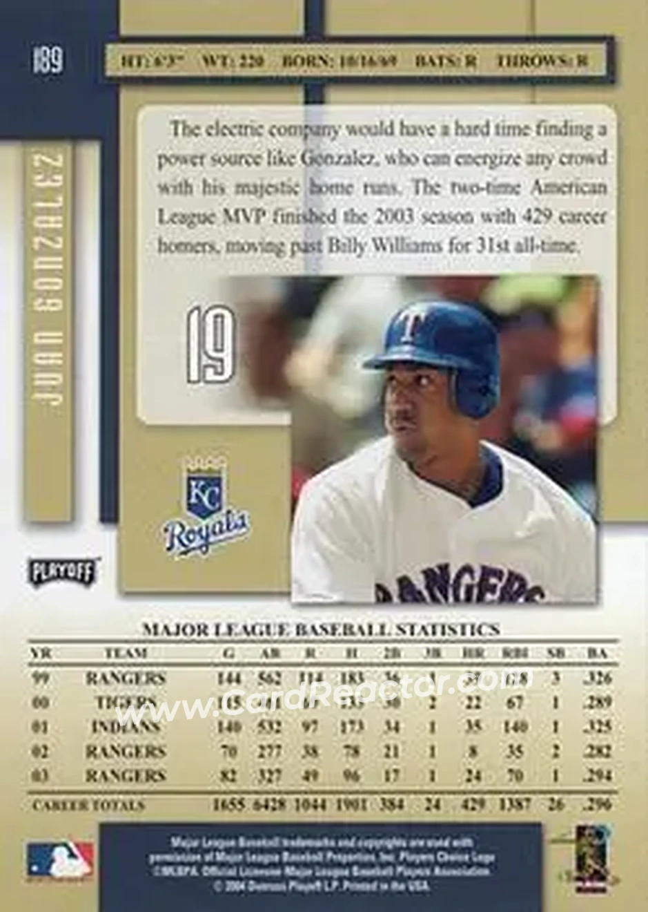 2004 Playoff Prestige #189 - Juan Gonzalez - Kansas City Royals - Back